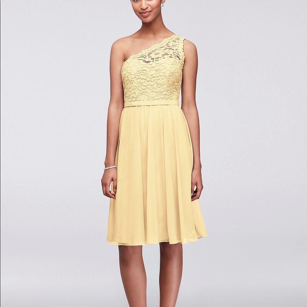 Canary David’s Bridal short lace bridesmaid dress